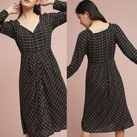 ANTHRO NWT Annie Plaid Midi Dress V-Neck Black 2 - Picture 1 of 4